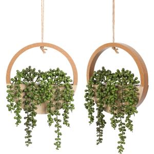Floweroyal 2pcs Artificial Succulents Hanging Plants 12.2'' Fake String of Pearls in Pot with 8.3'' Lanyard for Indoor Outdoor Wall DecorWood Color.