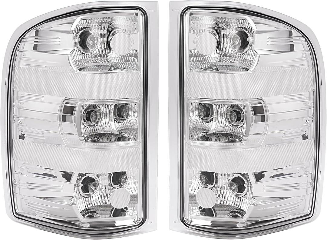 KUAFU Tail Light Lamp Pair Compatible with 2007-2014 Chevy Chevrolet Silverado 1500 2500 HD 3500 HD & 2007-2009 GMC Sierra 3500 HD Driver Side & Passenger Side Clear Lens+Chrome Housing