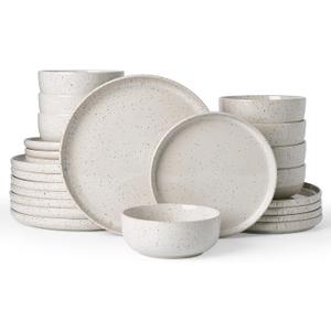 Famiware Meteor Plates and Bowls Sets, 24-Piece Stoneware Dinnerware Sets, Dishes Set for 8, Microwave and Dishwasher Safe Tableware, Creamy White