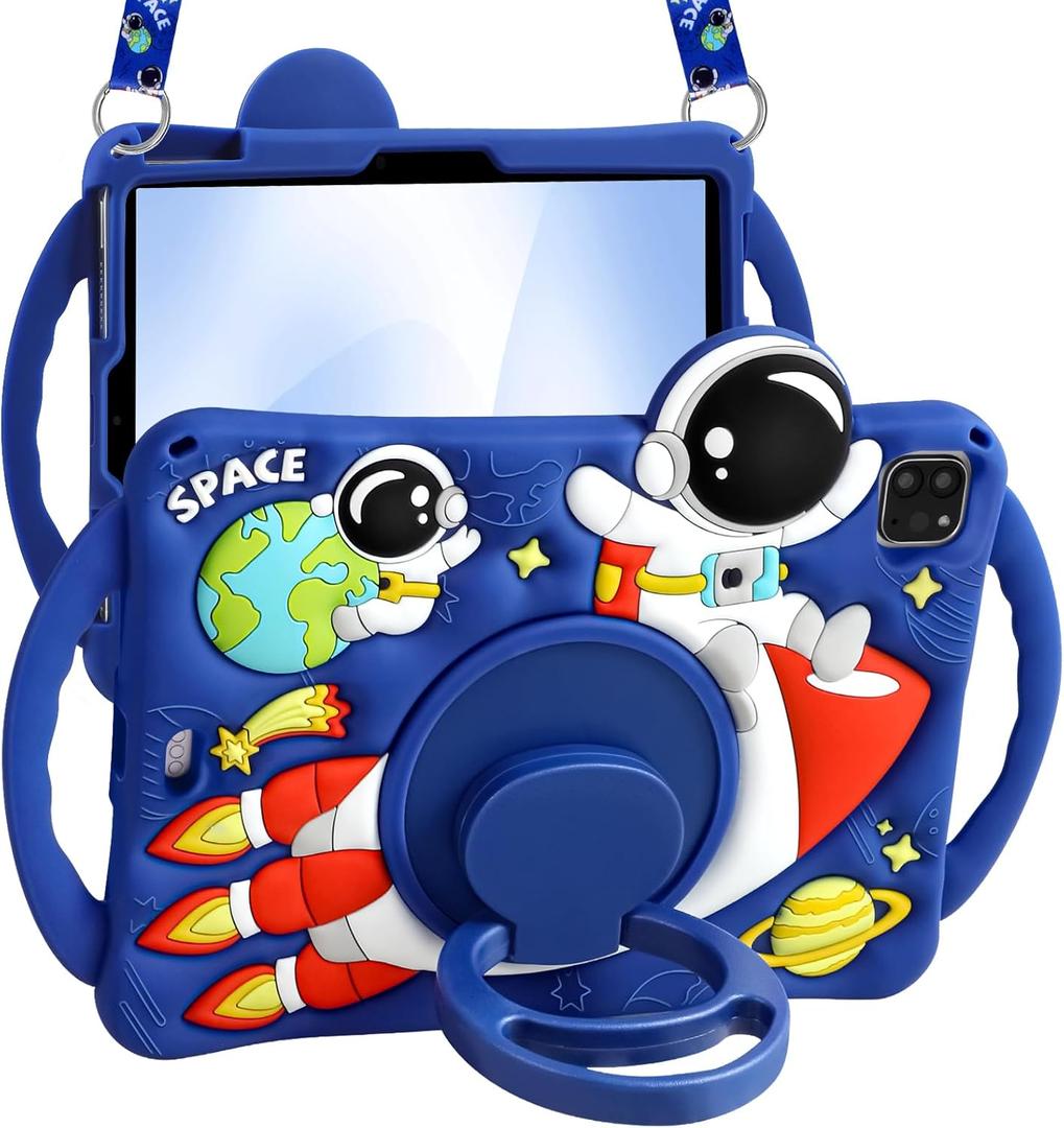 Boaretiu Kids Case for iPad Air 11 Inch M3 & M2/Air 5th/4th 10.9" for iPad Pro 11 Inch 4/3/2/1 - Cute Cartoon Astronaut Spaceship Silicone with Strap & Rotating Stand Soft Tablet Case for Boys Teens