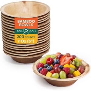 ECO SOUL 7 Oz Bamboo Bowls, Compostable, Heavy Duty (200 Pack), Small 5" | Round