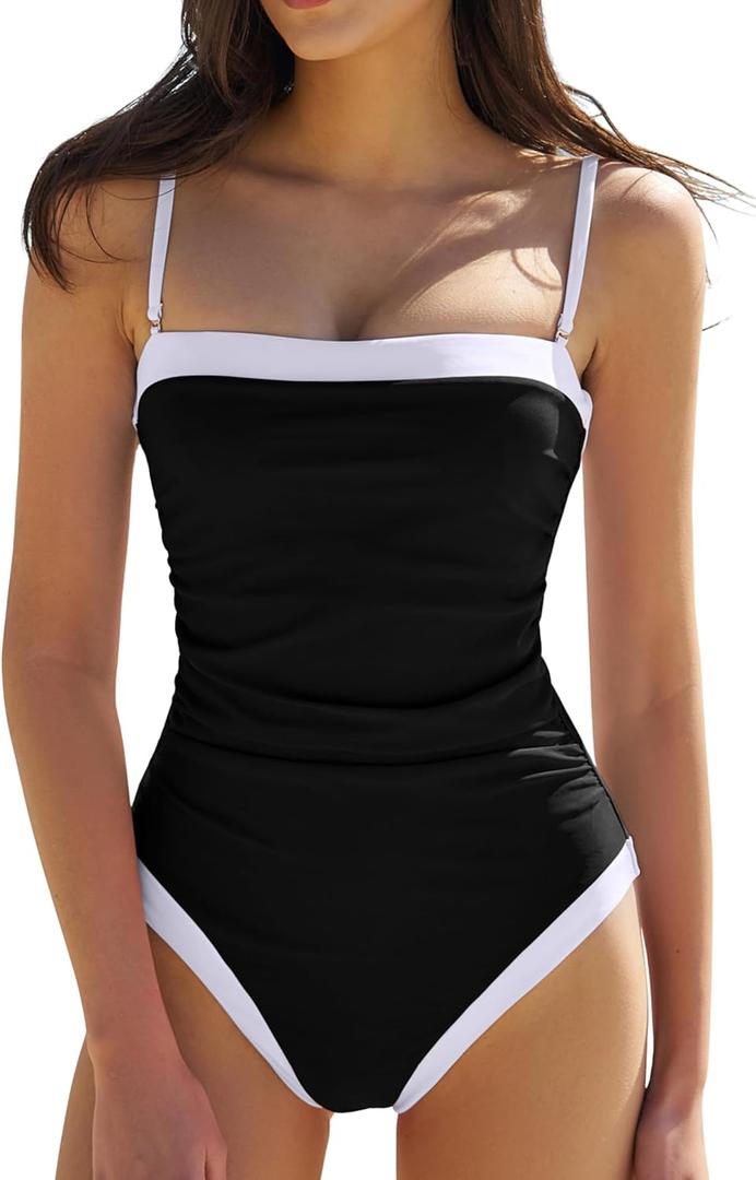QINSEN Women's One Piece Swimsuit Color Block Tummy Control Bathing Suit Vintage Square Neck Spaghetti Straps Swimwear, XL