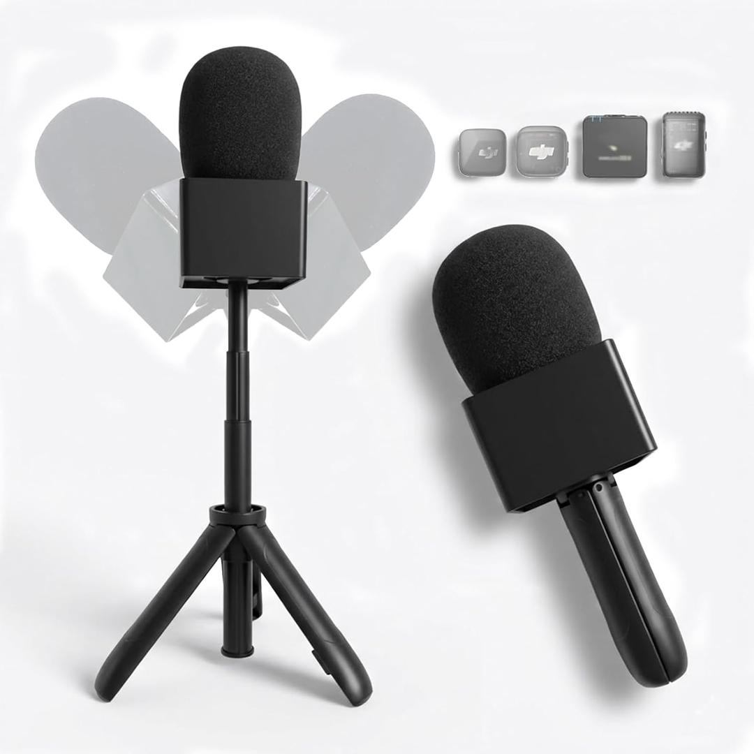 Mic Holder Stand for DJI Mic Mini2/Mini/3/2 RODE Wireless Microphone Desk Desktop Tripod & Handheld Interview Adapter, 2in1 Tabletop Telescopic Handle with Mic Flag for Vlog Podcast