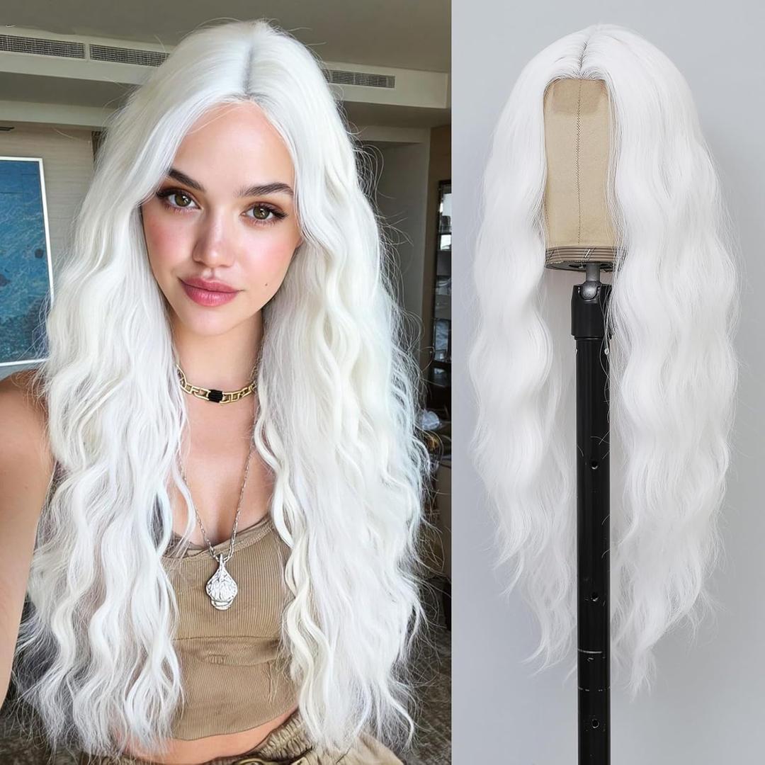 White Wig 26 Inch Long Wavy Wig for Women - Heat Resistant Synthetic Hair Middle Part Curly Wig Natural Look for Daily Party Cosplay Costume Use