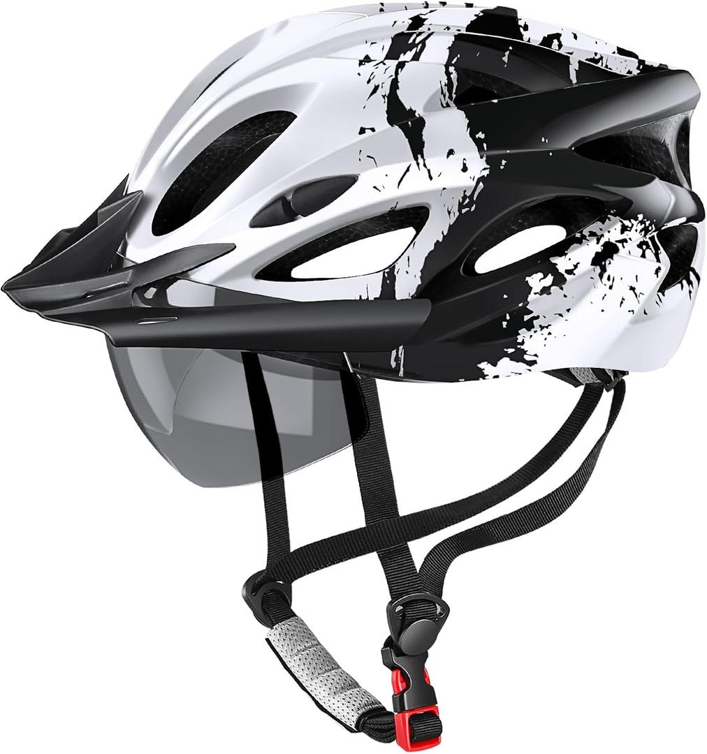 Bike Helmet with USB Rechargeable LED Light Detachable Goggles and Sun Visor, Mountain & Road Bicycle Helmets for Men Women Adult Cycling Helmets (Black+White)
