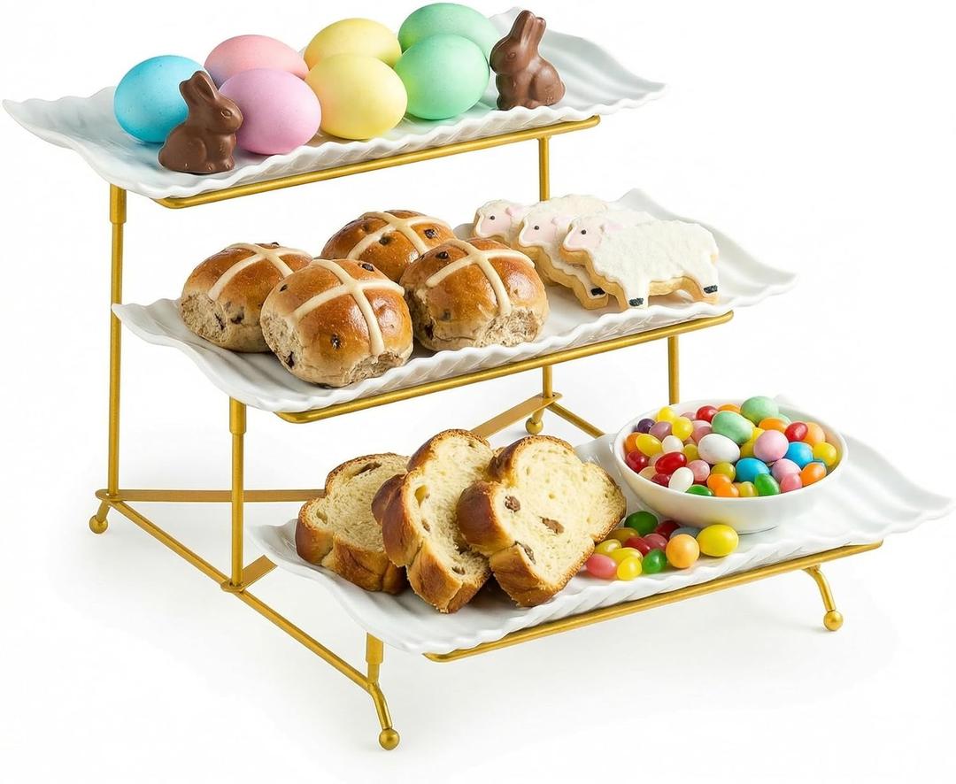 LAUCHUH 3 Tier Trays Stand, Porcelain Serving Trays Collapsible Sturdier Stand Serving Platters Dessert Table Display Set for Indoor Party, Entertaining, Easter, Gold, 12.2 Inch