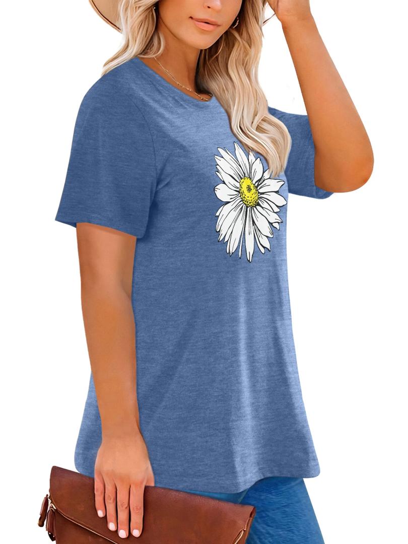 Women’s Oversized Graphic Tees Vintage Casual Drop Shoulder T-Shirt Print Summer Loose Fit Tops Daisy02 BrightBlue-XL
