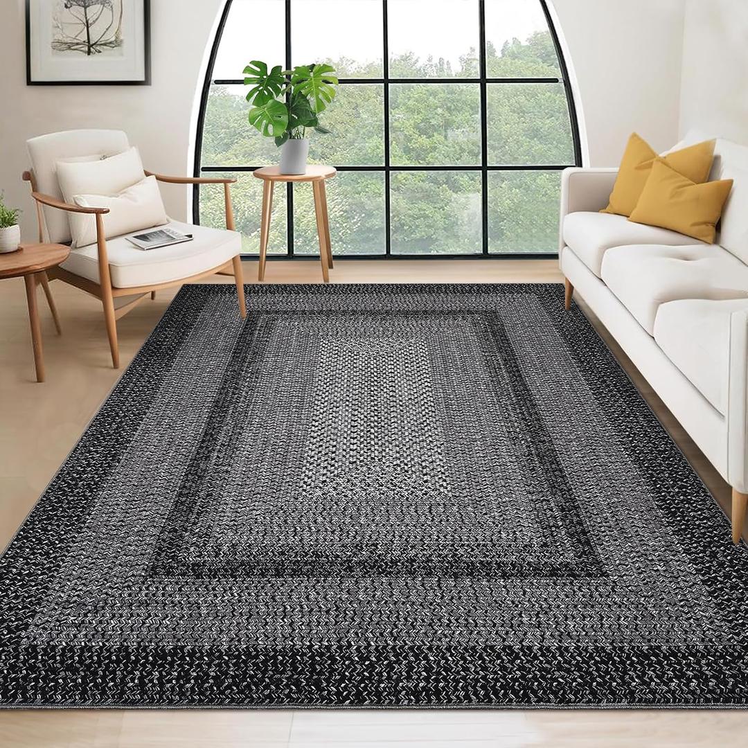 RUGSREAL 10x13 Large Living Room Rug Braided Print Boho Accent Throw Carpet Farmhouse Rustic Rug with Rubber Backing Geometric Bordered Area Rug Bohemian Carpet for Bedroom Home Decor Office, Black