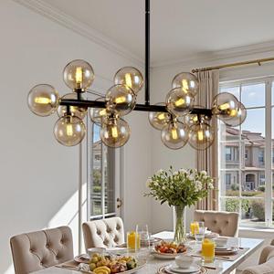 Black Mid Century Modern Chandelier for Dining Room Light Fixture, 16-Light Amber Glass Globe Linear Sputnik Chandelier for Kitchen Island Bar Living Room, L39.4 Inch