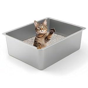 2 x Large High Sided Stainless Steel Cat Litter Box, Non-Stick Solid Metal Box, Odor Free, Non Stick, Rust Proof, Easy to Clean, Ideal for Cats, Kitten, Kitty & Rabbits, Indoor Use 