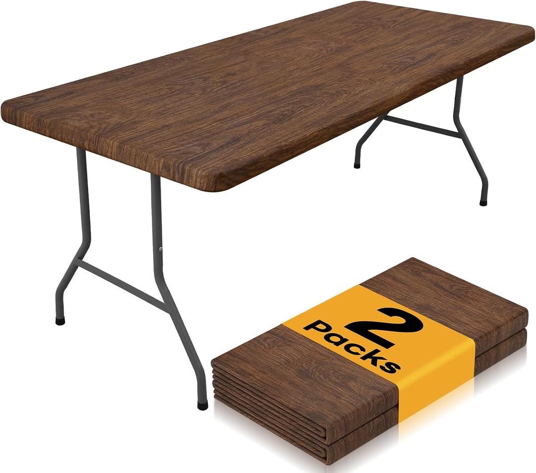 Smiry 2 Pack Rectangle Table Cloth 4 Foot, Waterproof Elastic Fitted Tablecloths, Windproof Washable Polyester Table Cover for Picnic, Camping, Outdoor (Brown, 24"x48")