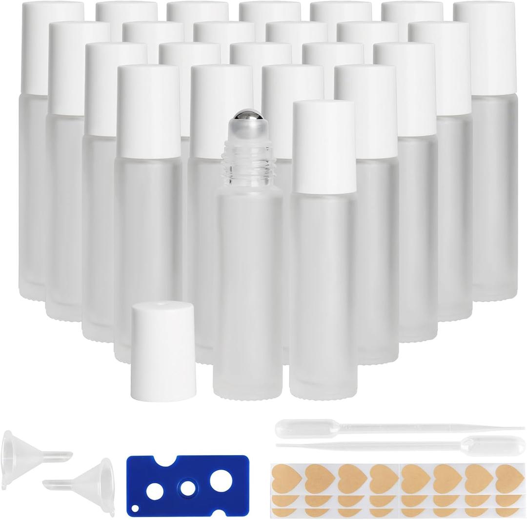 10ML Glass Essential Oil Roller Bottles,24 Pack Clear Frosted Oil Roller Bottles for Essential Oils, refillable rollerball bottle(24 Labels, Opener, Funnel, Dropper Included)