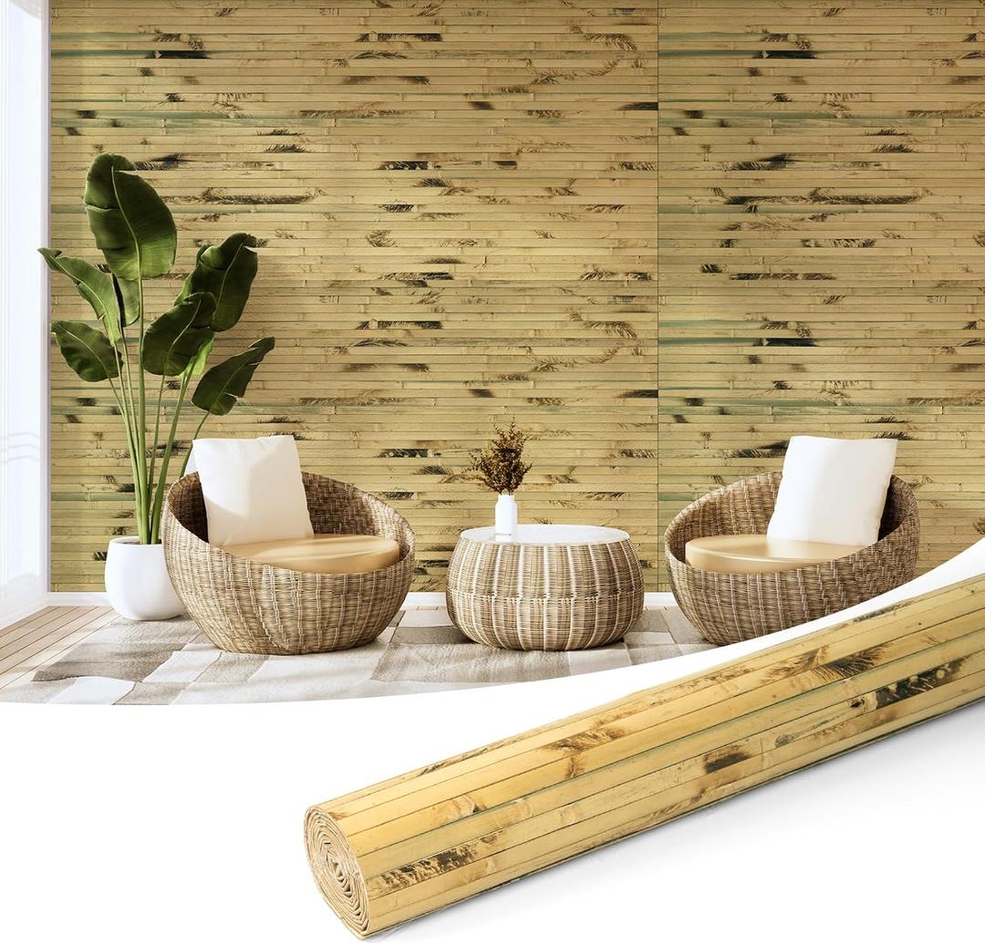 Art3d Natural Bamboo Wall Panel for Interior Wall Decor, Renewable Pole Wrap Wainscoting Paneling for Wall Ceiling Furniture Cabinet Office, 48 x 96 Inch - Light Burned
