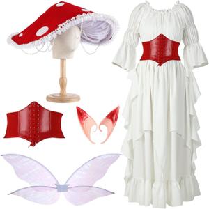 Mepase Halloween Renaissance Medieval Costume with Mushroom Hat Cinch Belt Fairy Elf Ear Butterfly Wings Costume for Cosplay (Small-Medium, Red)
