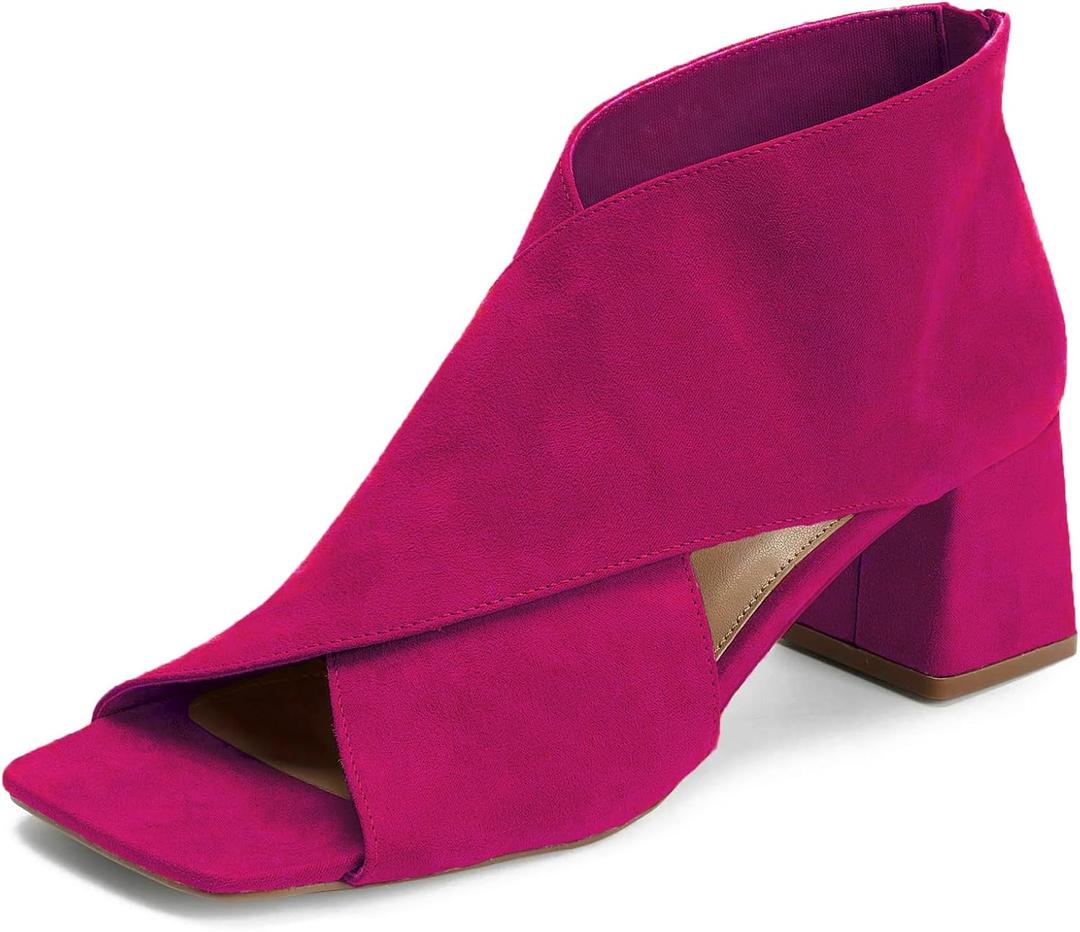 LEHOOR Women Chunky Heel Open Toe Booties Suede Side Cut-Out Ankle Boots Square Peep Toe 2 Inch Block Mid Heels Dress Heeled Sandal Booties Back Zipper Summer Casual Size 8.5