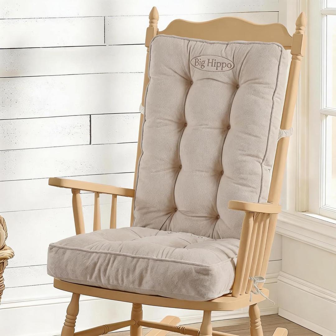 Big Hippo Rocking Chair Cushions Set with Ties, Tufted Thick Back and Seat Pads for Wooden Glider & Nursery, Velour Lumbar Support to Relieve Tailbone Pain for Indoor Office (Beige)