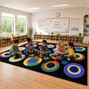 AQQA Classroom Rug,6x9 ft Colorful Circle Print Washable Area Rugs,Non Slip Thin Large Carpet for Kids Room Seating Dcor, Children's Classroom, Play Carpet for Teaching and Playroom, Seats 15