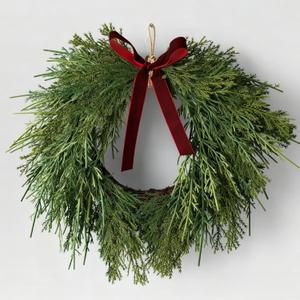 13.8" Christmas Artificial Cedar Wreath with Burgundy Velvet Bow Green Christmas Draping Oval Cedar Wreath for Front Door, Wall, Windows Indoor Outdoor Winter Festival Farmhouse Home Decor