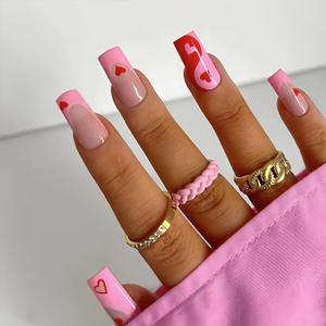 Heart Press on Nails Medium Square Valentines Day Fake Nails, Pink French Red Hearts Design Nude Gel Acrylic Nails Kit, False Nails New Year Fashion Nail Decorations Set of 24