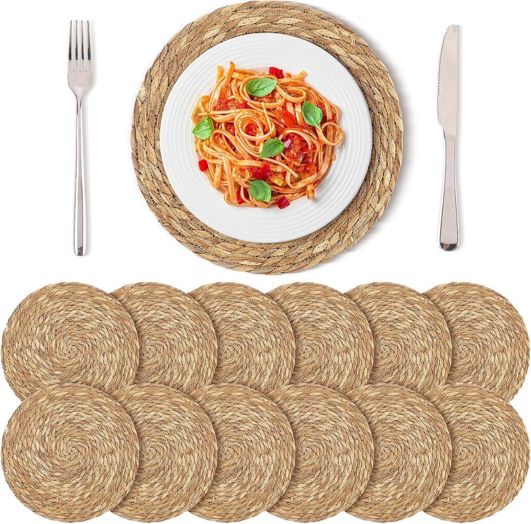 Kochorie Set of 12 Round Woven Placemats 12 Inches Bulrush Placemats Natural Hand-Woven Boho Rattan Placemats Wicker Table Mats Farmhouse Weave Place Mats for Home Dining Table