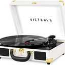 Victrola Journey Bluetooth Portable Suitcase Record Player – with Built-in Speakers, 3 Speed Vinyl Record Player, RCA Out, Headphone Jack (White)