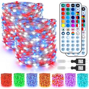 BrizLabs Fairy String Lights - 2 Pack 66ft 200 LED Color Changing Fairy Lights with Remote, Plugin Red White Blue Twinkle Light Rainbow Firefly Starry Light for Xmas Tree Halloween July 4th Easter