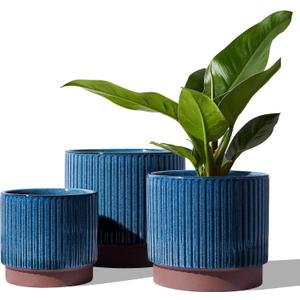 LE TAUCI Ceramic Pots for Plants, 8+6.7+5.5 Inch Plant Pots Indoor, Flower Pot with Drainage Holes, Medium Cylinder Planters for Indoor House Plants, Set of 3, Blue