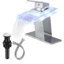 LED Bathroom Faucet, Bathroom Sink Faucet 1 Hole, Waterfall Spout Single Handle Bath Vanity with Pop Up Drain Parts Mixer Tap Open Water Spout Polish Chrome