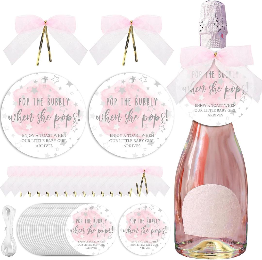 MotiMind 50 Set Pop Bottle Tags, Champagne Baby Shower Favor Labels When Pops Tags with Bows and Ribbon for Party Guest Gifts(Pink)