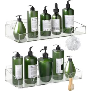 2Pack Acrylic Clear Shower Shelves, Adhesive Bathroom Shower Caddy Organizer, Transparent No Drilling Wall Floating Shelves for Storage & Display, with Hook