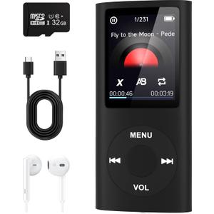 MP3 Player with Bluetooth 5.2,Portable Music Player with 32GB Memory Card, Stereo Earphone, Voice Recorder/Video/Photo Viewer/E-Book for Kids,Gift,Blue (Black)