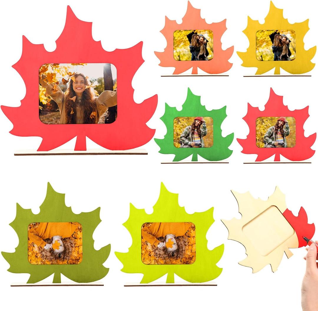 Amyhill 6 Pcs Fall DIY Picture Frames Thanksgiving Day Craft Wooden Maple Leaf Photo Frames Autumn Gifts for Friends DIY Maple Leaf Shaped Unfinished Wooden Photo Autumn Party Event Decorations
