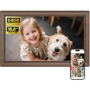 64GB 15.6" Frameo Digital Picture Frame WiFi, Large Electronic Photo Frames Wood 1920 x 1080 IPS FHD Touch Screen, Send Photos from Your Phone from Anywhere, Best Gifts for Family and Friends