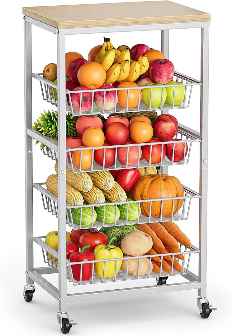 Venkuber Snack Cart, 5Tier Kitchen Carts on Wheels with Storage,Fruit Basket Stand with PullOut Baskets and Wood Top,Kitchen Organizer for Fruit Vegetable Snack (Oak Beige)