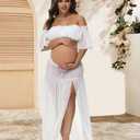 Maternity 2 Piece Outfits Dress Tube Top Ruffle Sleeves Split Skirt for Photoshoot Baby Shower (White)