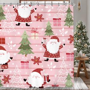 Pink Christmas Holiday Shower Curtain 72Wx72L Winter Santa Claus Cute Xmas Tree Holiday Kids New Year Bathroom Set Accessories Decor with 12 Pack Hooks