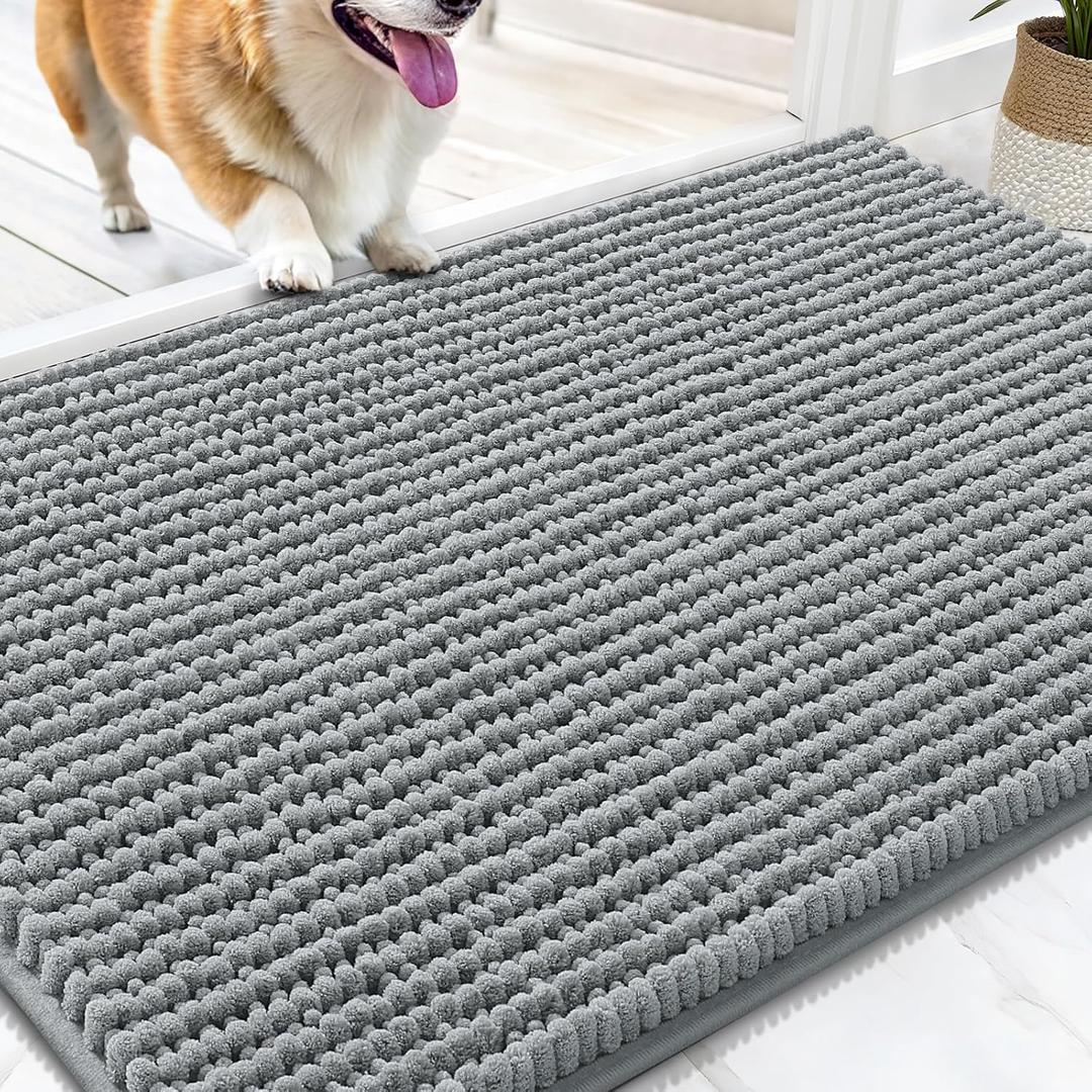 OLANLY Dog Door Mat for Muddy Paws 30x20, Ultra Absorbent Chenille Mud Doormat, Non-Slip Washable and Dirt Trapping Doormat for Indoor Entryway, Quick-Dry Indoor Pet Bed Mats for Dogs, Grey