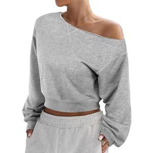 SOFIA'S CHOICE Women Off the Shoulder Sweatshirt Crop Top Long Sleeve Cropped Pullover Lightweight Loose Fit Fall Tops (Gray, XL)