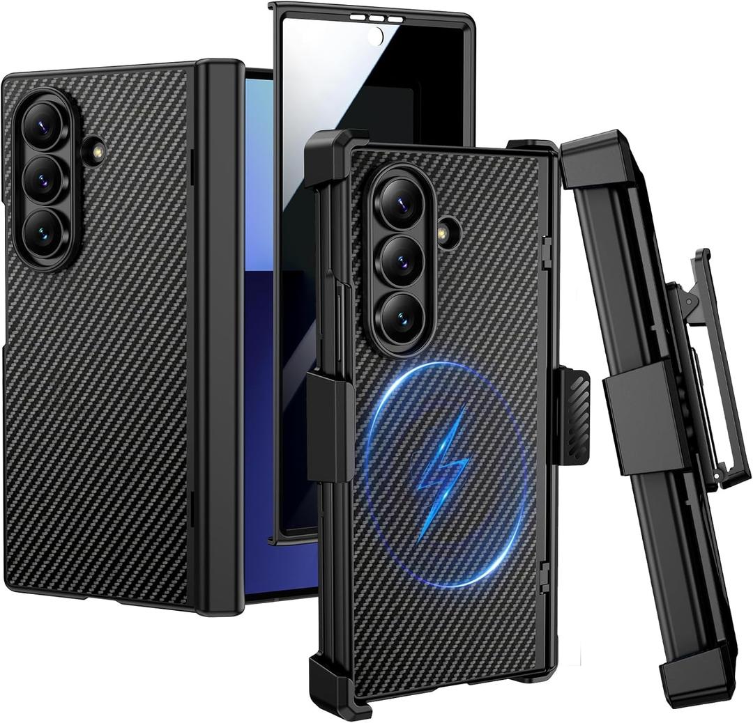 VEGO for Galaxy Z Fold 7 Case with Belt Clip Holster, Compatible with MagSafe, [Hinge Protection][Privacy Screen Protector] Magnetic Slim PU Leather Cover for Samsung Z Fold7 - Carbon Fiber Black