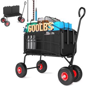 3 in 1 Fishing Cart, Heavy Duty Garden Carts w/All Terrain Inflatable Tires, Folding Wagon Cart, Convert to Chair or Bench with Cushion, Rod Holders and Durable Oxford Bag, Supports 600LBS