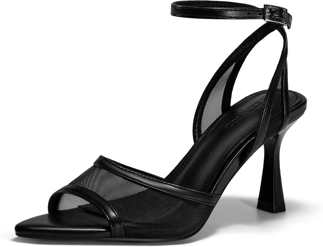 Coutgo Womens Mesh Kitten Heels Sandals Pointed Open Toe Ankle Buckle Strap Summer Dress Shoes (9, Black)