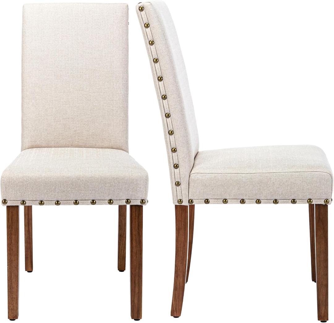 Parsons Kitchen Dining Chair Set Room Modern Upholstered Stylish Fabric High Back with Bronze Nailhead Trim (Set of 2, Cream)
