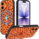 Magnetic for iPhone 17 Case with Finger Strap, Compatible with Magsafe, Cheetah Print Pattern for Women Girls, Slim Shockproof Soft TPU Case for iPhone 17 6.3 Inch, Orange