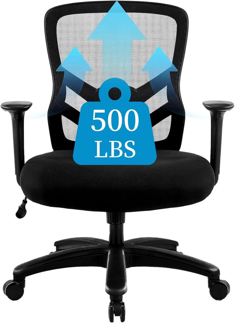 YFO Big and Tall Office Chair 500LBS - Computer Desk Chair with Adjustable Lumbar Support, Heavy Duty Ergonomic Mesh with 360 Rotation 4D Arm and Extra Wide Comfty Seat, Quiet Wheels for Adults, Black