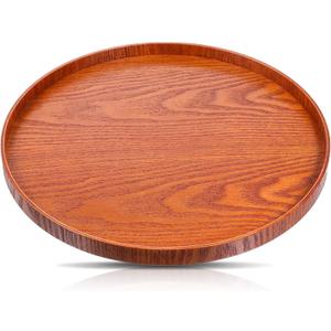 13 Inch Round Wood Serving Tray Decorative Plates Centerpiece Candle Holder Tray Organizer for Kitchen Countertop Charcuterie Board Coffee Table Home Decor (Reddish-Brown)