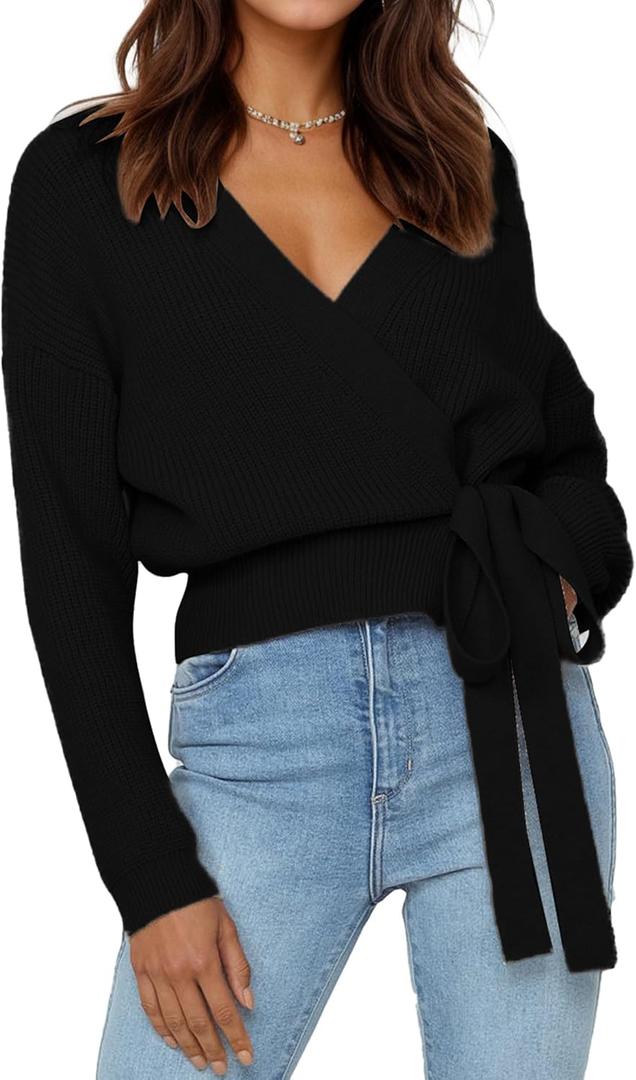 Womens Cropped Sweater V-Neck Wrap Sweater Long Sleeve Ribbed Knit Pullover with Side Tie Valentines Day Outfit (Medium, Black)