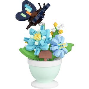 Dark Blue Butterfly Flower Mini Flower Cute Insects Potted Plant Bonsai Building Toy Blocks Particle Set Small Flowers Botanical