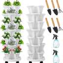 Umigy 2 Set of 7 Tier Vertical Planter Stackable Tower Planters Strawberry Herb Flower and Vegetable Pots Indoor Outdoor Gardening Pots with Removable Wheels and Tools(White,Classic)
