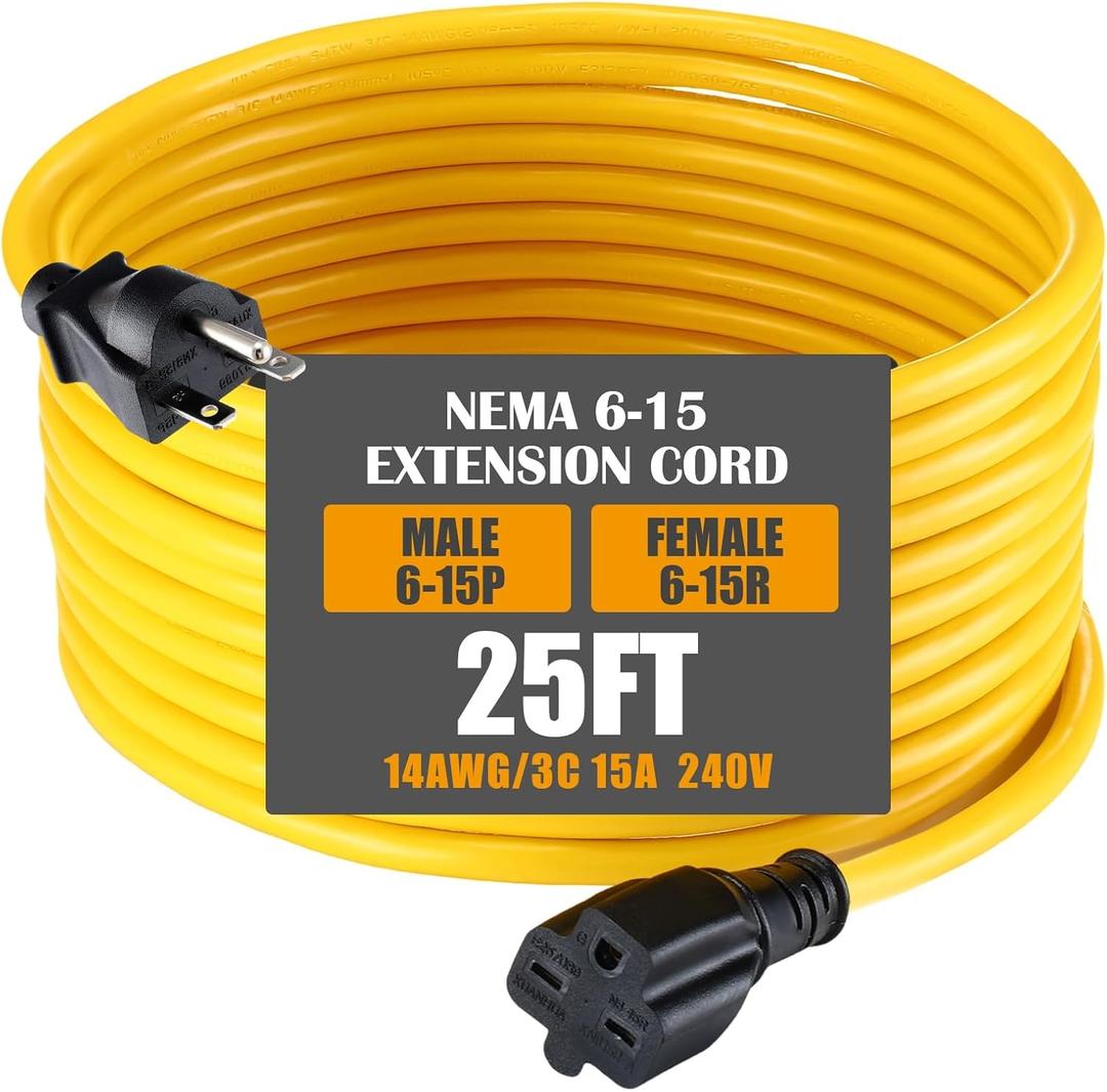 Tellegloww 25ft NEMA 615 Extension Cord 615P Male to 615R Female, 15 AMP Power Cable for 220/240V Air Condition, LED Grow Lights, Digital Ballast Power Cord Heavy Duty 14AWG/3C, 240V, 3750W
