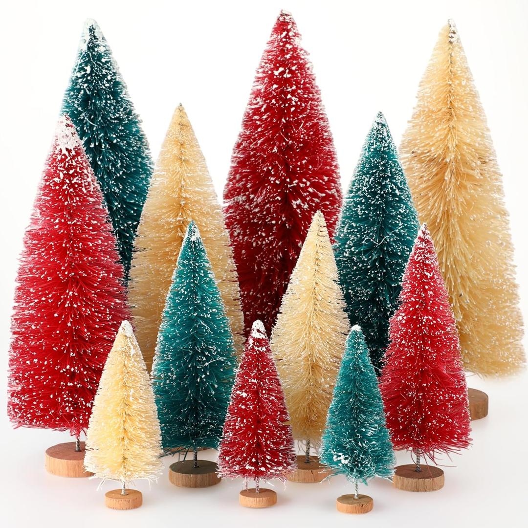 Meooeck 12 Pcs Mini Christmas Trees Bottle Brush Christmas Trees 4 Sizes 4/6/8/10 Inch Artificial Xmas Tree with Wood Base Winter Fake Pine Tree Decor for Home(Green, Beige, Red)